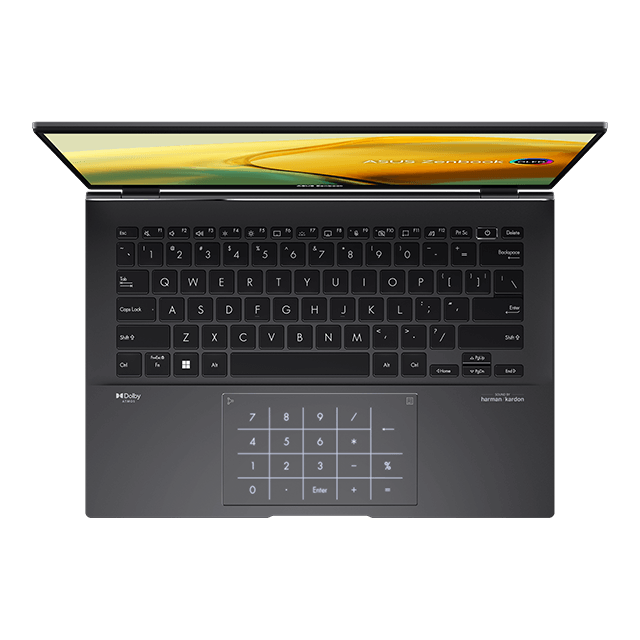 Tastatura și trackpad-ul Laptopului Asus ZenBook 14 OLED văzut de sus